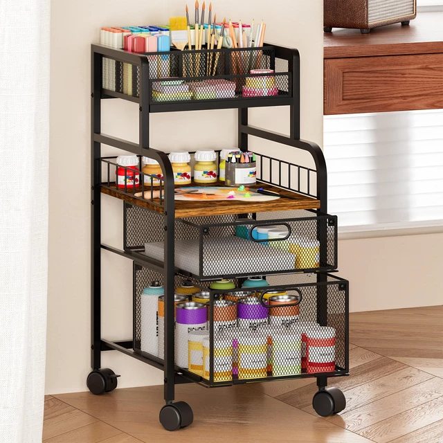 Alt view image 2 of 7 - Art Cart with Drawers, Rolling Craft Cart with DIY Dividers & Wood Shelf - Mobile Art Supply Organizer for Artists, Students & Small Space, Heavy-Duty Metal, Lockable Wheels Espresso