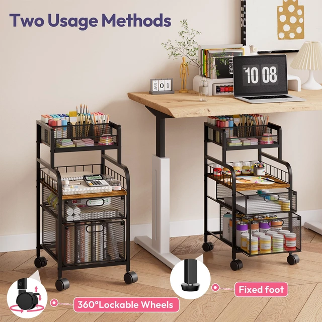 Alt view image 4 of 7 - Art Cart with Drawers, Rolling Craft Cart with DIY Dividers & Wood Shelf - Mobile Art Supply Organizer for Artists, Students & Small Space, Heavy-Duty Metal, Lockable Wheels Espresso