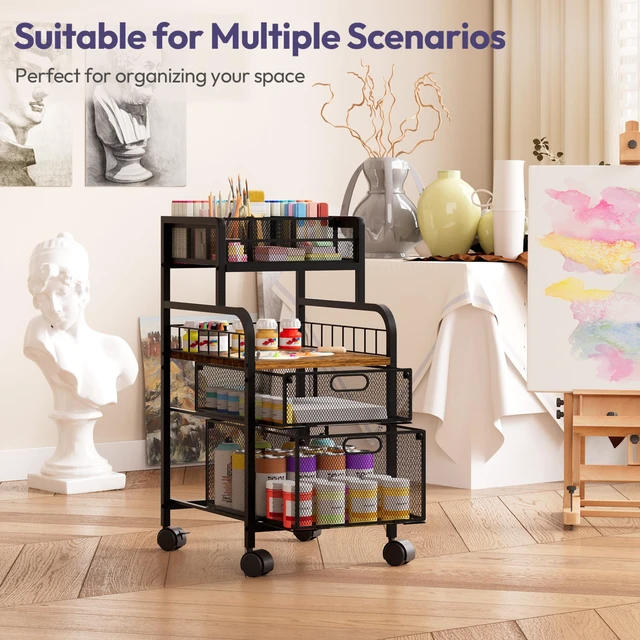 Alt view image 7 of 7 - Art Cart with Drawers, Rolling Craft Cart with DIY Dividers & Wood Shelf - Mobile Art Supply Organizer for Artists, Students & Small Space, Heavy-Duty Metal, Lockable Wheels Espresso