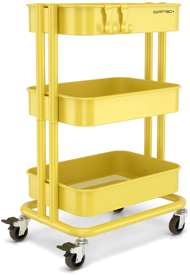Main image of 3 Tier Rolling Cart Metal Utility Cart with Lockable Wheels Home Office Storage Cart Mesh Shelves Heavy Duty Silent Caster Multifunctional Organization Kitchen Bedside Bathroom Craft Nursery School