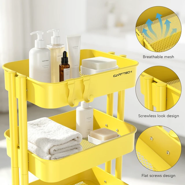 Alt view image 4 of 7 - 3 Tier Rolling Cart Metal Utility Cart with Lockable Wheels Home Office Storage Cart Mesh Shelves Heavy Duty Silent Caster Multifunctional Organization Kitchen Bedside Bathroom Craft Nursery School