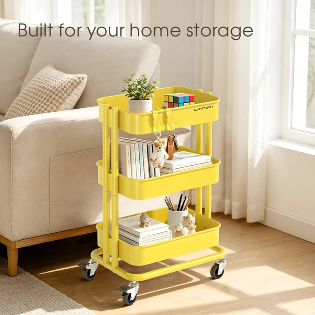 Alt view image 3 of 7 - 3 Tier Rolling Cart Metal Utility Cart with Lockable Wheels Home Office Storage Cart Mesh Shelves Heavy Duty Silent Caster Multifunctional Organization Kitchen Bedside Bathroom Craft Nursery School