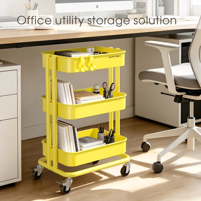 Alt view image 6 of 7 - 3 Tier Rolling Cart Metal Utility Cart with Lockable Wheels Home Office Storage Cart Mesh Shelves Heavy Duty Silent Caster Multifunctional Organization Kitchen Bedside Bathroom Craft Nursery School