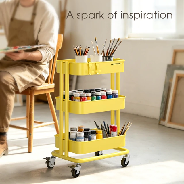 Alt view image 7 of 7 - 3 Tier Rolling Cart Metal Utility Cart with Lockable Wheels Home Office Storage Cart Mesh Shelves Heavy Duty Silent Caster Multifunctional Organization Kitchen Bedside Bathroom Craft Nursery School