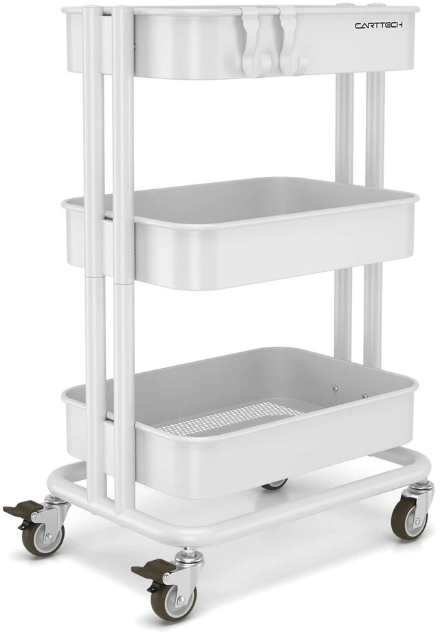Main image of 3 Tier Rolling Cart Metal Utility Cart with Lockable Wheels Home Office Storage Cart Mesh Shelves Heavy Duty Silent Caster Multifunctional Organization Kitchen Bedside Bathroom Craft Nursery School