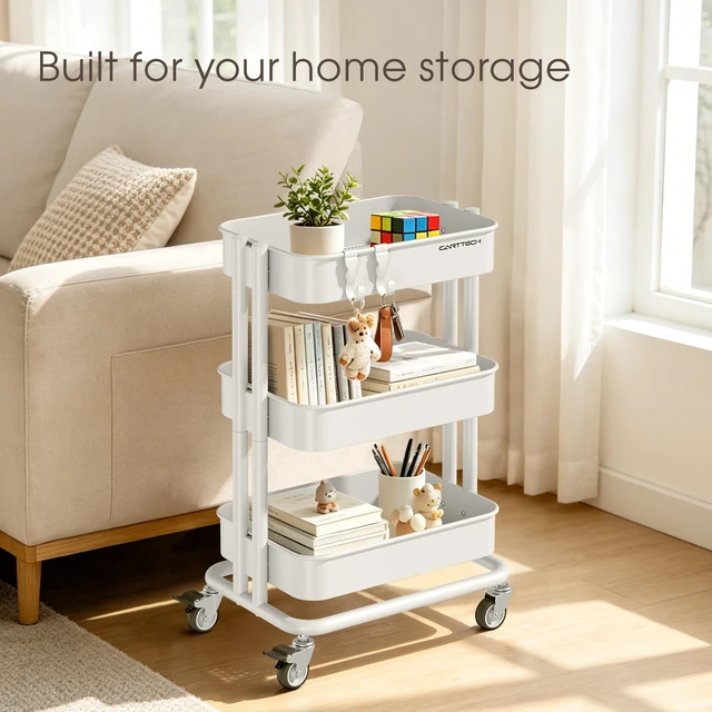 Alt view image 3 of 7 - 3 Tier Rolling Cart Metal Utility Cart with Lockable Wheels Home Office Storage Cart Mesh Shelves Heavy Duty Silent Caster Multifunctional Organization Kitchen Bedside Bathroom Craft Nursery School