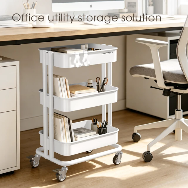 Alt view image 6 of 7 - 3 Tier Rolling Cart Metal Utility Cart with Lockable Wheels Home Office Storage Cart Mesh Shelves Heavy Duty Silent Caster Multifunctional Organization Kitchen Bedside Bathroom Craft Nursery School