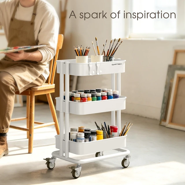 Alt view image 7 of 7 - 3 Tier Rolling Cart Metal Utility Cart with Lockable Wheels Home Office Storage Cart Mesh Shelves Heavy Duty Silent Caster Multifunctional Organization Kitchen Bedside Bathroom Craft Nursery School