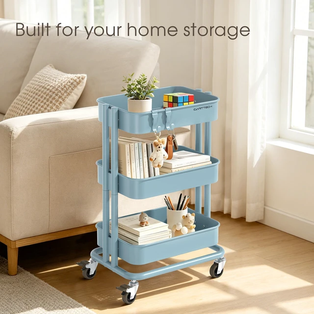 Alt view image 3 of 7 - 3 Tier Rolling Cart Metal Utility Cart with Lockable Wheels Home Office Storage Cart Mesh Shelves Heavy Duty Silent Caster Multifunctional Organization Kitchen Bedside Bathroom Craft Nursery School