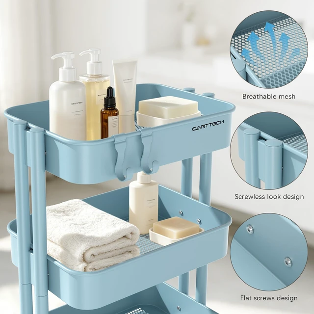 Alt view image 4 of 7 - 3 Tier Rolling Cart Metal Utility Cart with Lockable Wheels Home Office Storage Cart Mesh Shelves Heavy Duty Silent Caster Multifunctional Organization Kitchen Bedside Bathroom Craft Nursery School