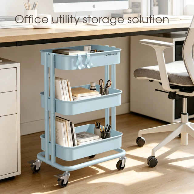 Alt view image 6 of 7 - 3 Tier Rolling Cart Metal Utility Cart with Lockable Wheels Home Office Storage Cart Mesh Shelves Heavy Duty Silent Caster Multifunctional Organization Kitchen Bedside Bathroom Craft Nursery School