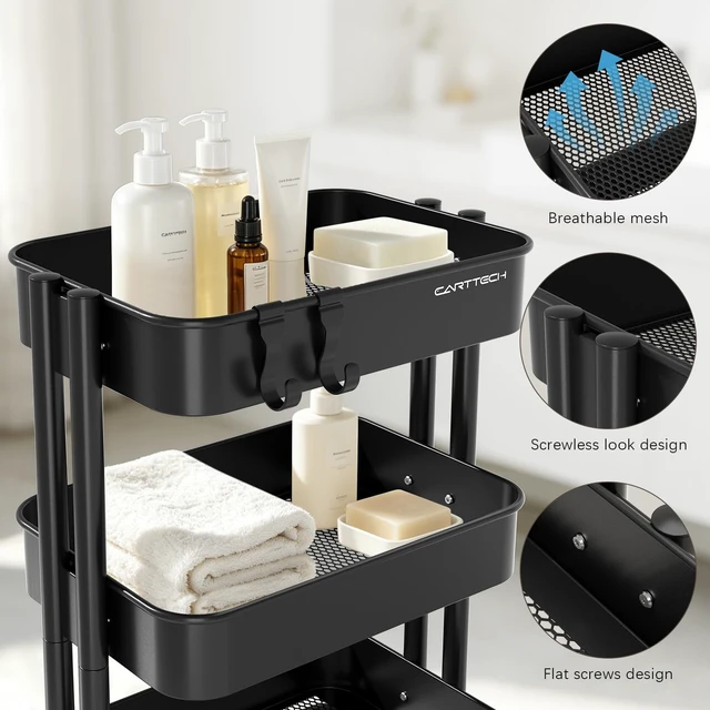 Alt view image 4 of 7 - 3 Tier Rolling Cart Metal Utility Cart with Lockable Wheels Home Office Storage Cart Mesh Shelves Heavy Duty Silent Caster Multifunctional Organization Kitchen Bedside Bathroom Craft Nursery School