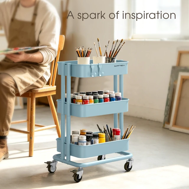 Alt view image 7 of 7 - 3 Tier Rolling Cart Metal Utility Cart with Lockable Wheels Home Office Storage Cart Mesh Shelves Heavy Duty Silent Caster Multifunctional Organization Kitchen Bedside Bathroom Craft Nursery School