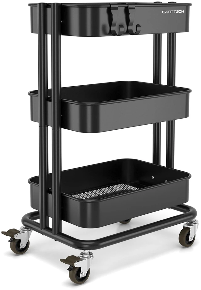 Main image of 3 Tier Rolling Cart Metal Utility Cart with Lockable Wheels Home Office Storage Cart Mesh Shelves Heavy Duty Silent Caster Multifunctional Organization Kitchen Bedside Bathroom Craft Nursery School