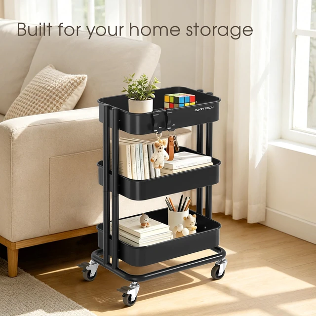 Alt view image 3 of 7 - 3 Tier Rolling Cart Metal Utility Cart with Lockable Wheels Home Office Storage Cart Mesh Shelves Heavy Duty Silent Caster Multifunctional Organization Kitchen Bedside Bathroom Craft Nursery School