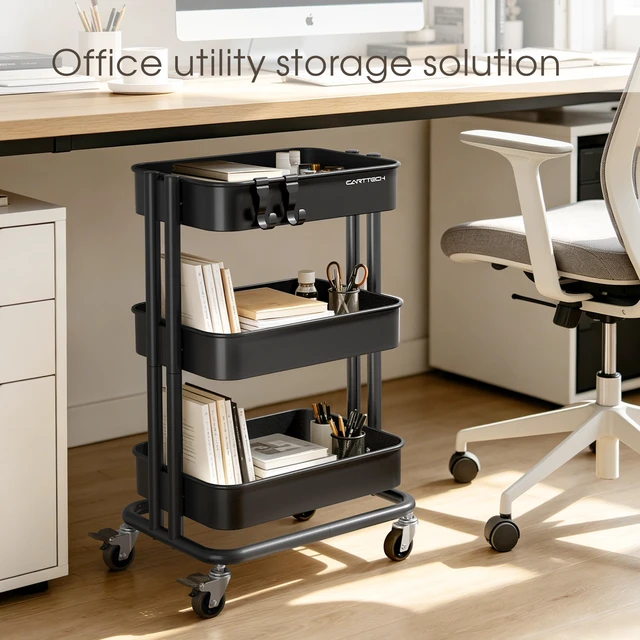 Alt view image 6 of 7 - 3 Tier Rolling Cart Metal Utility Cart with Lockable Wheels Home Office Storage Cart Mesh Shelves Heavy Duty Silent Caster Multifunctional Organization Kitchen Bedside Bathroom Craft Nursery School