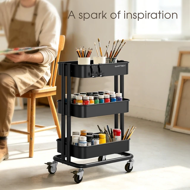 Alt view image 7 of 7 - 3 Tier Rolling Cart Metal Utility Cart with Lockable Wheels Home Office Storage Cart Mesh Shelves Heavy Duty Silent Caster Multifunctional Organization Kitchen Bedside Bathroom Craft Nursery School
