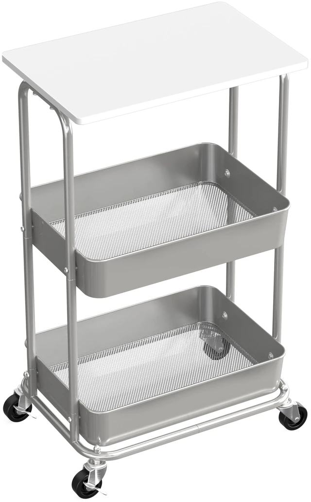 Main image of 2-Tier Rolling Utility Cart Wood Top/Lockable Wheel, White Metal Storage Organizer Trolley for Kitchen, Bathroom, Office, Craft Room