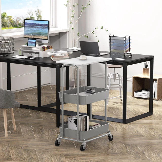 Alt view image 2 of 7 - 2-Tier Rolling Utility Cart Wood Top/Lockable Wheel, White Metal Storage Organizer Trolley for Kitchen, Bathroom, Office, Craft Room