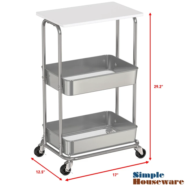 Alt view image 3 of 7 - 2-Tier Rolling Utility Cart Wood Top/Lockable Wheel, White Metal Storage Organizer Trolley for Kitchen, Bathroom, Office, Craft Room