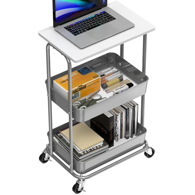 Alt view image 4 of 7 - 2-Tier Rolling Utility Cart Wood Top/Lockable Wheel, White Metal Storage Organizer Trolley for Kitchen, Bathroom, Office, Craft Room