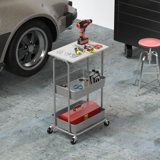 Alt view image 6 of 7 - 2-Tier Rolling Utility Cart Wood Top/Lockable Wheel, White Metal Storage Organizer Trolley for Kitchen, Bathroom, Office, Craft Room