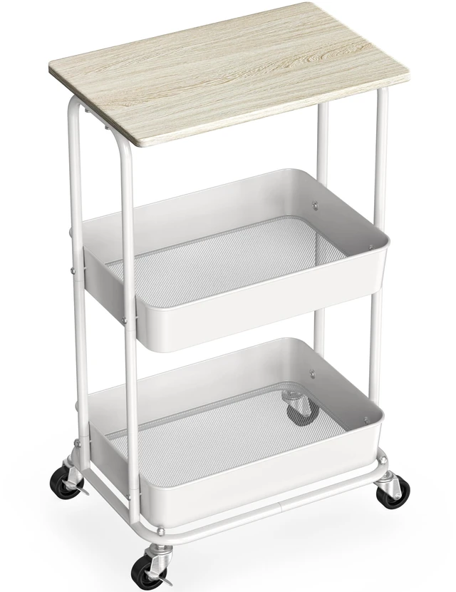 Main image of 2-Tier Rolling Utility Cart Wood Top/Lockable Wheel, Maple Metal Storage Organizer Trolley for Kitchen, Bathroom, Office, Craft Room