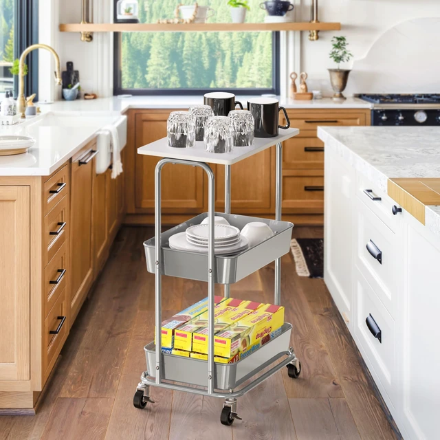 Alt view image 7 of 7 - 2-Tier Rolling Utility Cart Wood Top/Lockable Wheel, White Metal Storage Organizer Trolley for Kitchen, Bathroom, Office, Craft Room