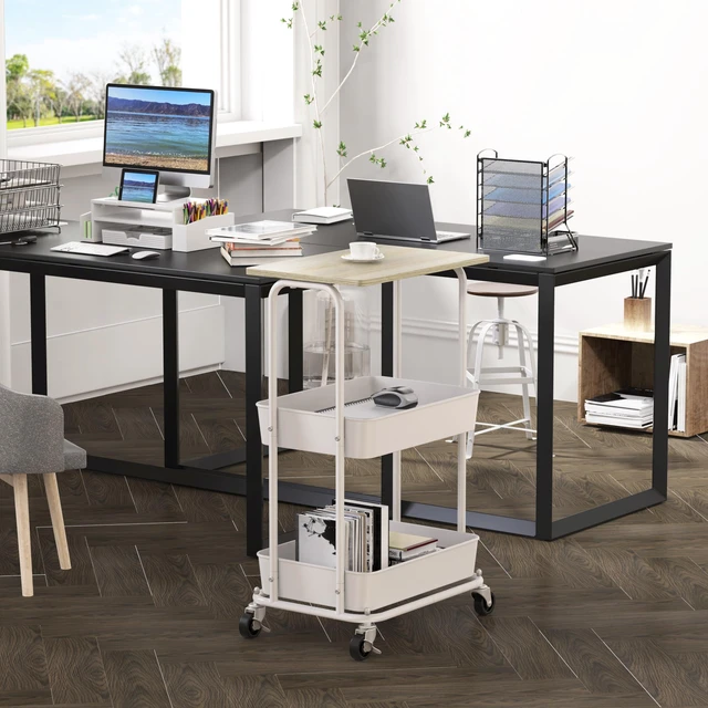 Alt view image 2 of 7 - 2-Tier Rolling Utility Cart Wood Top/Lockable Wheel, Maple Metal Storage Organizer Trolley for Kitchen, Bathroom, Office, Craft Room