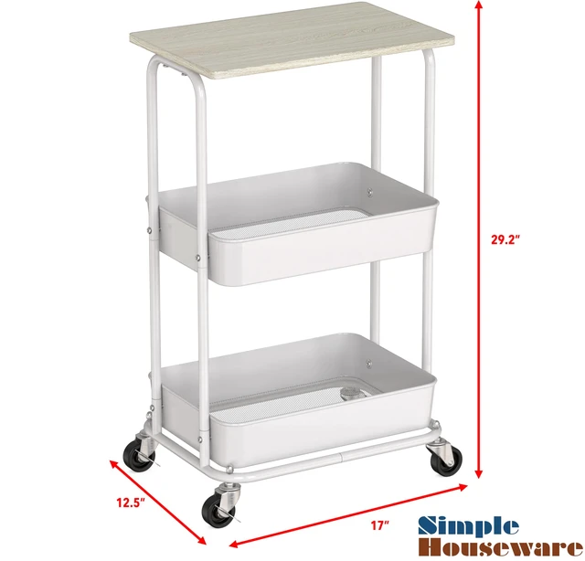 Alt view image 3 of 7 - 2-Tier Rolling Utility Cart Wood Top/Lockable Wheel, Maple Metal Storage Organizer Trolley for Kitchen, Bathroom, Office, Craft Room