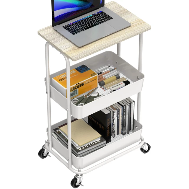 Alt view image 4 of 7 - 2-Tier Rolling Utility Cart Wood Top/Lockable Wheel, Maple Metal Storage Organizer Trolley for Kitchen, Bathroom, Office, Craft Room