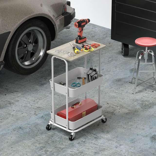 Alt view image 6 of 7 - 2-Tier Rolling Utility Cart Wood Top/Lockable Wheel, Maple Metal Storage Organizer Trolley for Kitchen, Bathroom, Office, Craft Room