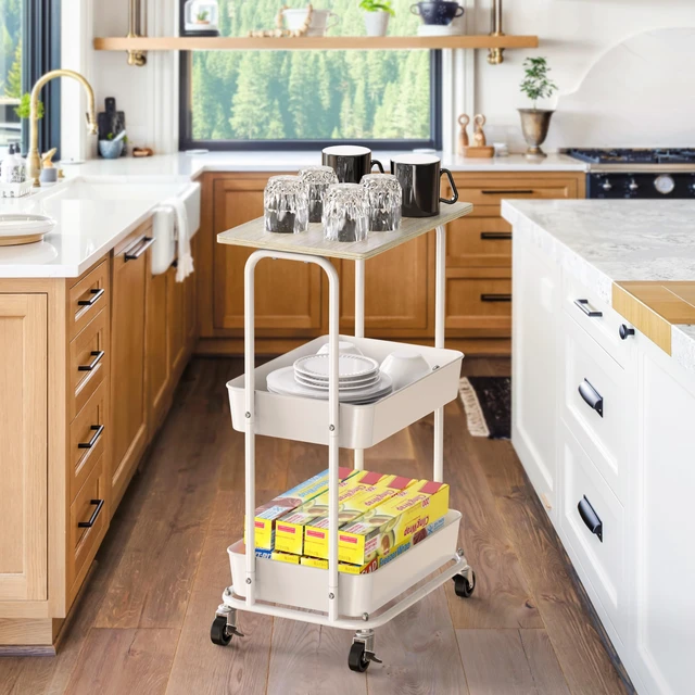 Alt view image 7 of 7 - 2-Tier Rolling Utility Cart Wood Top/Lockable Wheel, Maple Metal Storage Organizer Trolley for Kitchen, Bathroom, Office, Craft Room