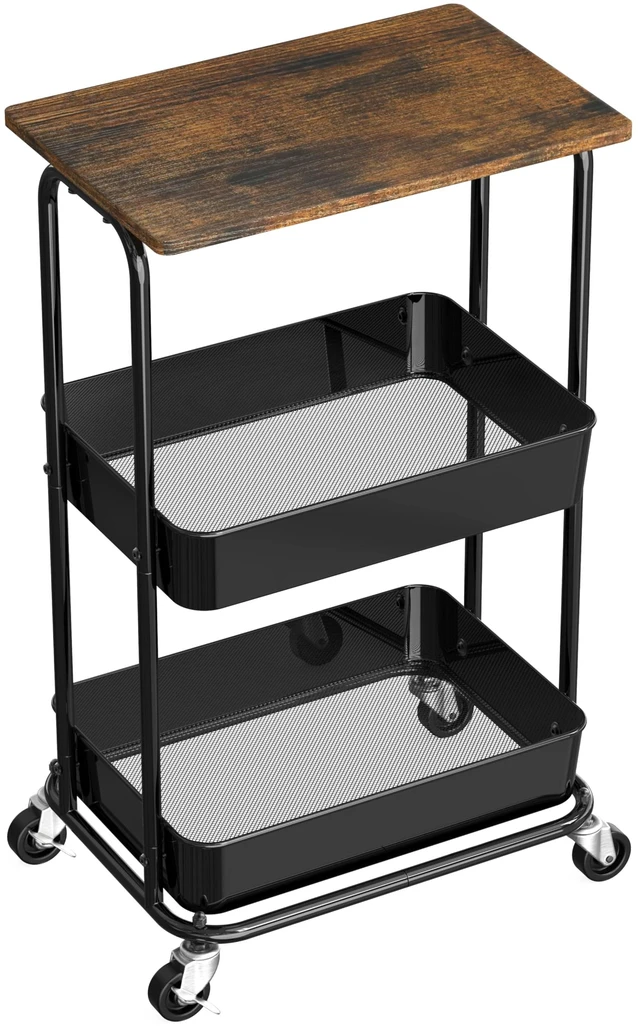 Main image of 2-Tier Utility Cart Wood Top/Lockable Wheel, Rustic Brown 2-Tier Metal Storage Organizer Trolley for Kitchen, Bathroom, Office, Craft Room