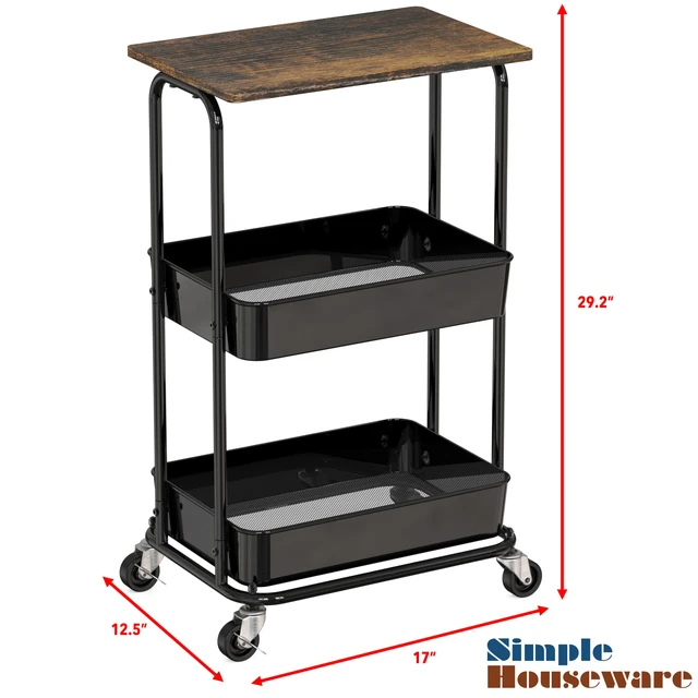 Alt view image 3 of 7 - 2-Tier Utility Cart Wood Top/Lockable Wheel, Rustic Brown 2-Tier Metal Storage Organizer Trolley for Kitchen, Bathroom, Office, Craft Room