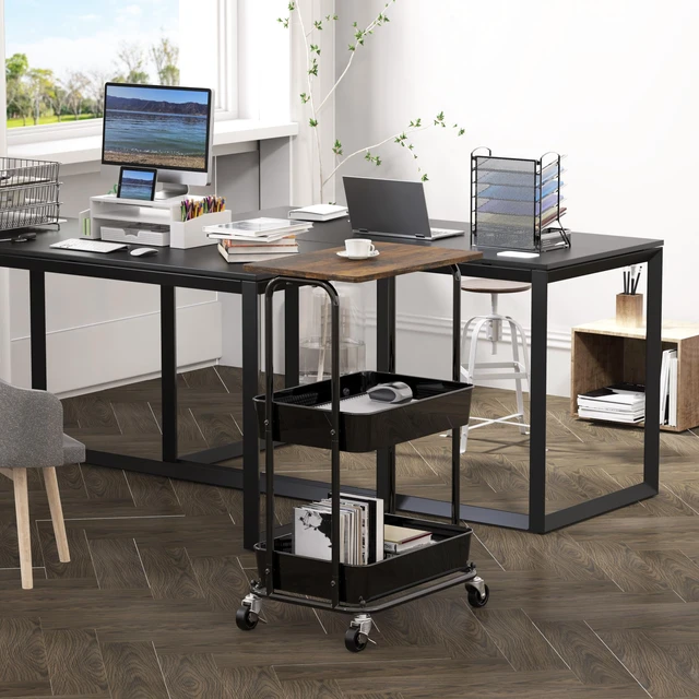 Alt view image 2 of 7 - 2-Tier Utility Cart Wood Top/Lockable Wheel, Rustic Brown 2-Tier Metal Storage Organizer Trolley for Kitchen, Bathroom, Office, Craft Room