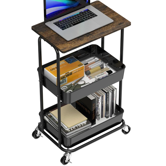 Alt view image 4 of 7 - 2-Tier Utility Cart Wood Top/Lockable Wheel, Rustic Brown 2-Tier Metal Storage Organizer Trolley for Kitchen, Bathroom, Office, Craft Room