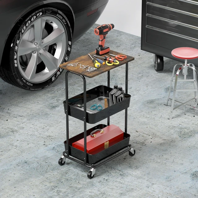 Alt view image 6 of 7 - 2-Tier Utility Cart Wood Top/Lockable Wheel, Rustic Brown 2-Tier Metal Storage Organizer Trolley for Kitchen, Bathroom, Office, Craft Room