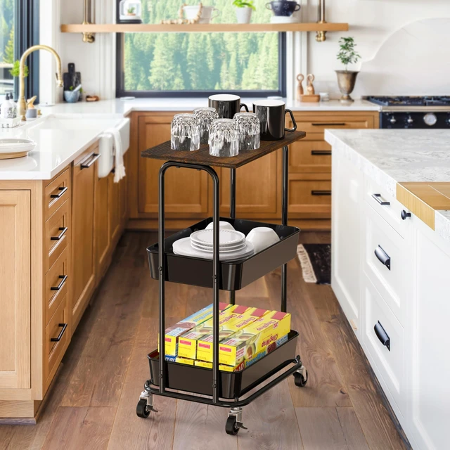 Alt view image 7 of 7 - 2-Tier Utility Cart Wood Top/Lockable Wheel, Rustic Brown 2-Tier Metal Storage Organizer Trolley for Kitchen, Bathroom, Office, Craft Room