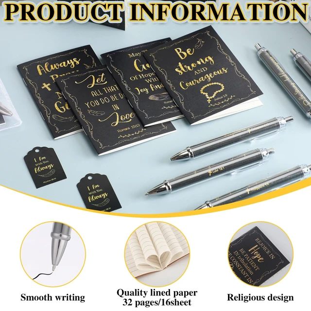 Alt view image 3 of 7 - 200 Pcs Christian Gift Bulk Set Bible Verse, Black, Fresh Religious Ballpoint Pen and Notebook, Thanks Tags Organza Bag, Adults Party Favors, Christmas Women Men Church Guests Gits