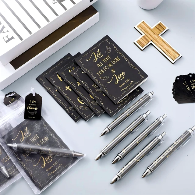 Alt view image 4 of 7 - 200 Pcs Christian Gift Bulk Set Bible Verse, Black, Fresh Religious Ballpoint Pen and Notebook, Thanks Tags Organza Bag, Adults Party Favors, Christmas Women Men Church Guests Gits