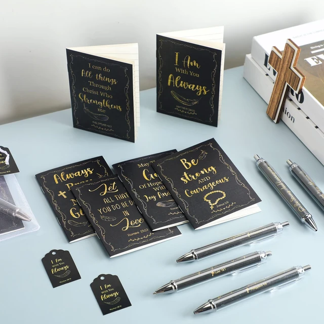 Alt view image 7 of 7 - 200 Pcs Christian Gift Bulk Set Bible Verse, Black, Fresh Religious Ballpoint Pen and Notebook, Thanks Tags Organza Bag, Adults Party Favors, Christmas Women Men Church Guests Gits