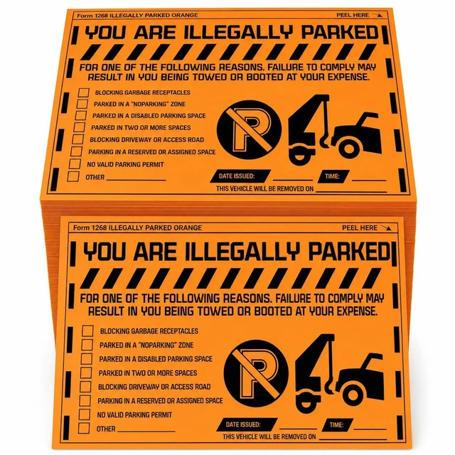 Main image of Parking Violation Stickers Hard to Remove, Orange Multi Reason, 8x5 100 pk