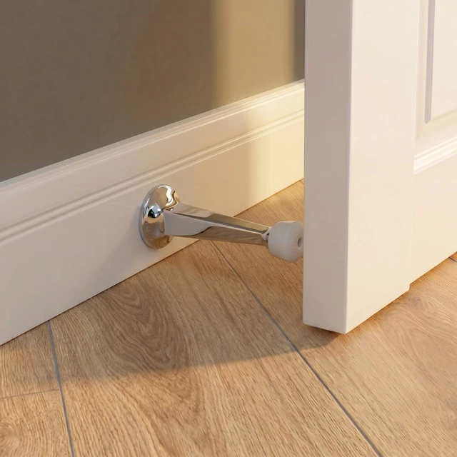 Alt view image 2 of 7 - Premium Heavy Duty Door Stoppers for Bottom of Door, Solid Metal Baseboard Mounted Door Stop, Screw-in Baseboard Door Stops for Wall Protection 3" (Chrome, 4 Pack)