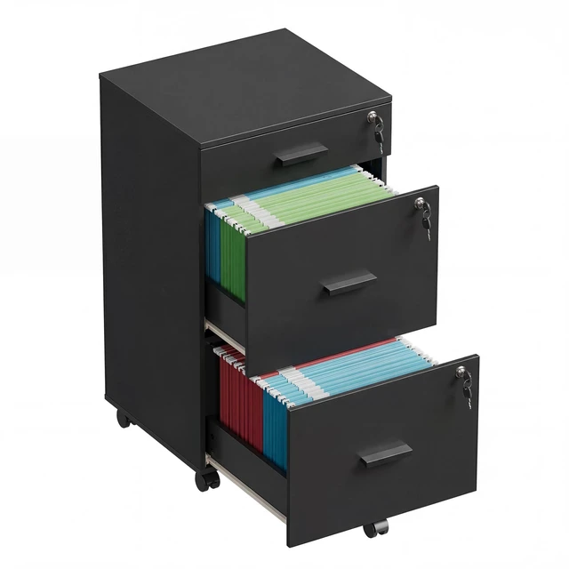 Main image of 3 Drawer File Cabinet with Lock & Wheels, Wood Printer Stand, Black Mobile Filing Cabinet Fits Letter/A4 Size; Wood Printer Stand Keeps Home Office Files Secure And Organized