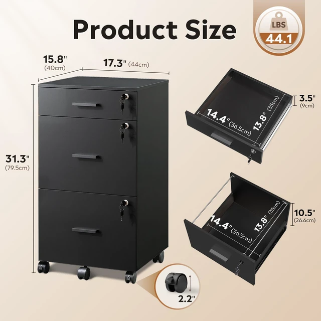 Alt view image 2 of 7 - 3 Drawer File Cabinet with Lock & Wheels, Wood Printer Stand, Black Mobile Filing Cabinet Fits Letter/A4 Size; Wood Printer Stand Keeps Home Office Files Secure And Organized