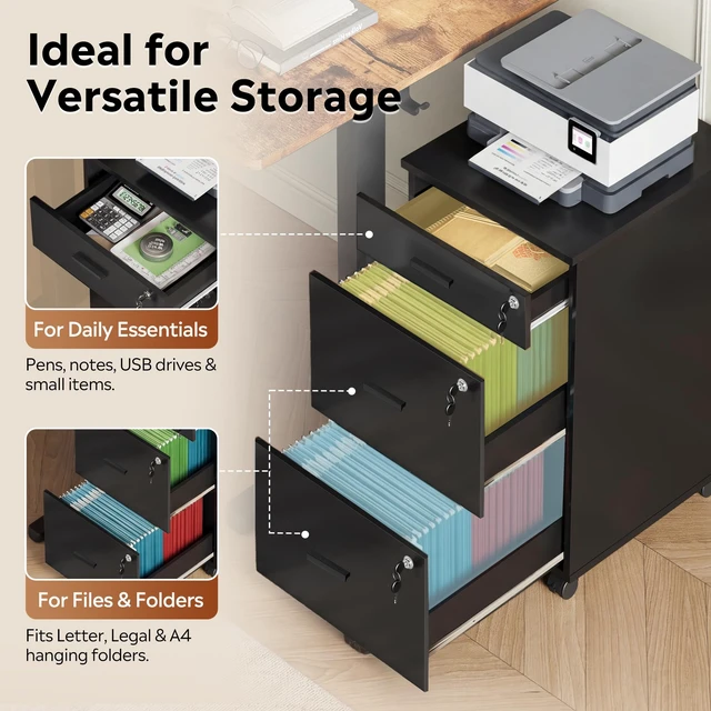 Alt view image 3 of 7 - 3 Drawer File Cabinet with Lock & Wheels, Wood Printer Stand, Black Mobile Filing Cabinet Fits Letter/A4 Size; Wood Printer Stand Keeps Home Office Files Secure And Organized