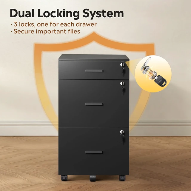 Alt view image 4 of 7 - 3 Drawer File Cabinet with Lock & Wheels, Wood Printer Stand, Black Mobile Filing Cabinet Fits Letter/A4 Size; Wood Printer Stand Keeps Home Office Files Secure And Organized