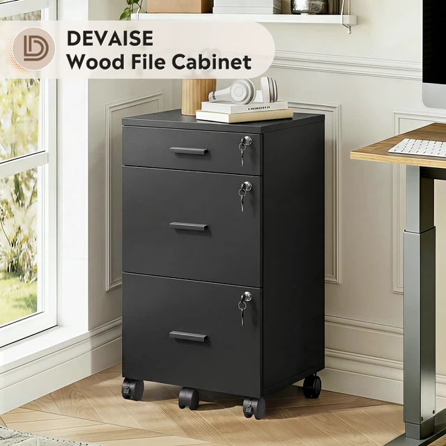 Alt view image 5 of 7 - 3 Drawer File Cabinet with Lock & Wheels, Wood Printer Stand, Black Mobile Filing Cabinet Fits Letter/A4 Size; Wood Printer Stand Keeps Home Office Files Secure And Organized