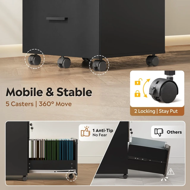 Alt view image 7 of 7 - 3 Drawer File Cabinet with Lock & Wheels, Wood Printer Stand, Black Mobile Filing Cabinet Fits Letter/A4 Size; Wood Printer Stand Keeps Home Office Files Secure And Organized